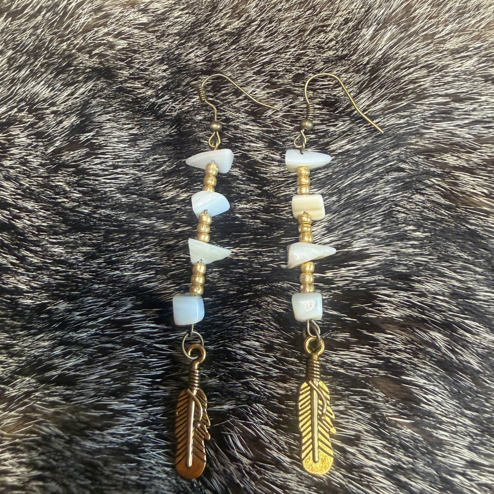 Gold and White Feather Dangle Earrings